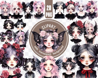20 PNG Gothic Girl with Pink Hair / Goth Witch Digital Bundle / Kawaii Dolls Sticker Pack / Dark Fairies Decor Printable / Black Card Making