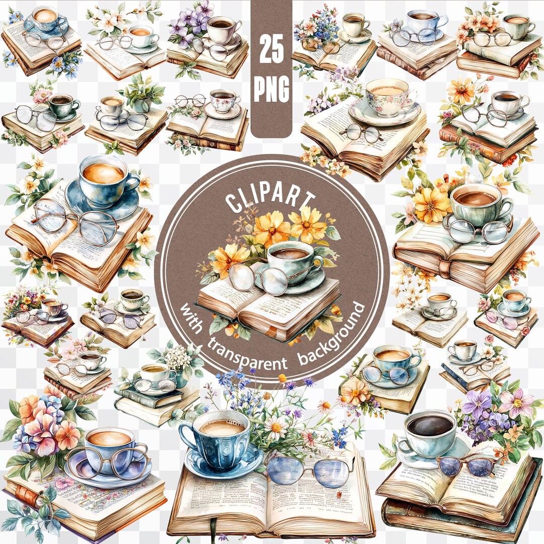 25 Book and Tea Cup PNG / Literature Lover Digital / Bookish Bundle ...