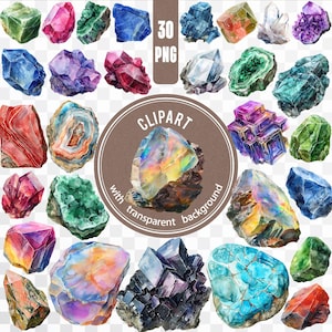Ensemble de 30 pierres précieuses PNG / Pack de minéraux aquarelle / Sticker pierre de cristal / Améthyste, opale, émeraude Clipart imprimable / Ensemble de fabrication de cartes roche