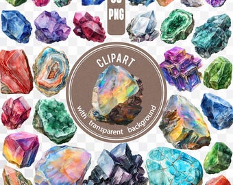 May include: A collection of 30 watercolor illustrations of various gemstones, including amethyst, agate, opal, and turquoise. The illustrations are on a transparent background and are perfect for digital scrapbooking, card making, and other creative projects.