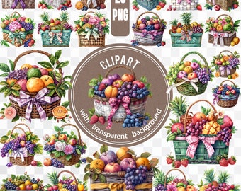 25 PNG Fruit Basket / Summer Harvest Digital File / Picnic Wall Art Bundle / Pineapple Grapes Apple Sticker / Juicy Food Clipart Card Making