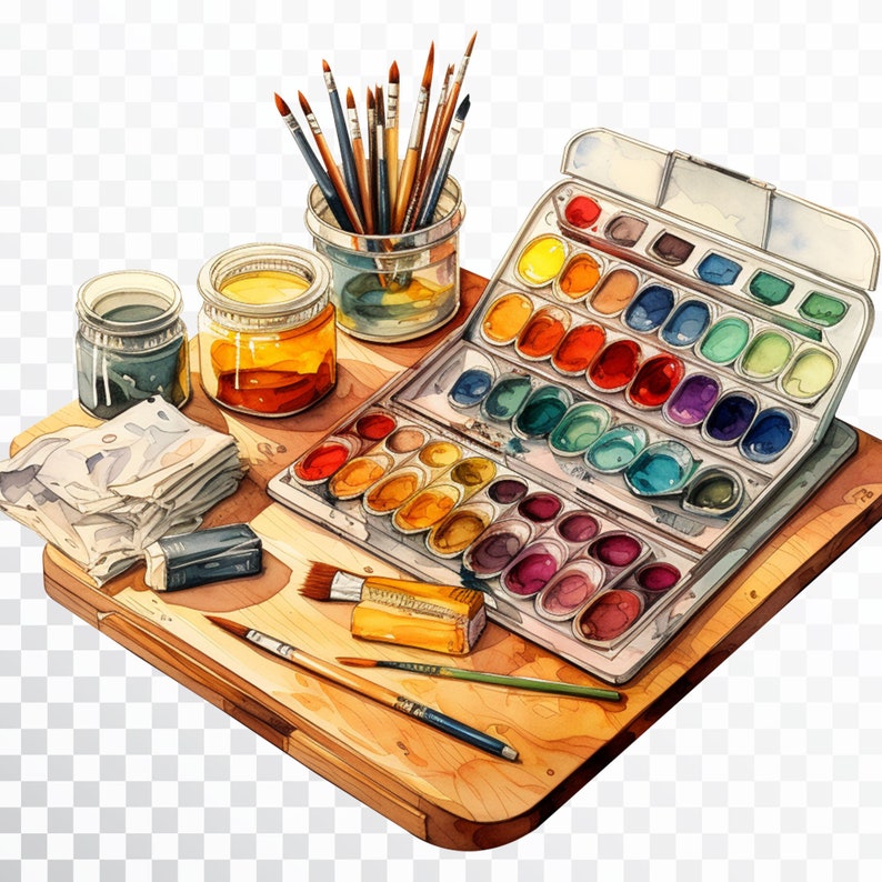35 PNG Watercolor Painting / Palette Easel Clipart / Paint Brush Bundle / Artist Hobby Sticker ...
