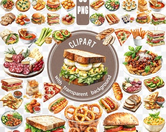 60 PNG Watercolor Sandwich / Hamburger Digital Bundle / Breakfast, Lunch, Dinner Sticker Pack / Clipart Food Set For Kitchen / Dish Cookbook