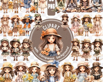 30 PNG Vintage Girl / Antique Dresses Junk Journal Bundle / Romantic Style Sticker Pack / Cottagecore Kids Printable / Childhood Card Making