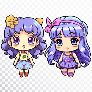 May include: Two cartoon girls with purple hair and big eyes. One girl is wearing a yellow shirt and blue overalls. The other girl is wearing a purple dress with white polka dots.