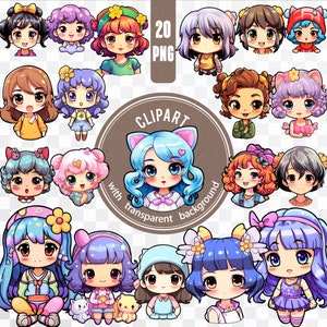 20 Anime Girl PNG / Kawaii Digital Sofortiger Download / Japanische Karikatur Scrapbooking Bundle / Süßer Aufkleber Manga Charakter Printable Clipart