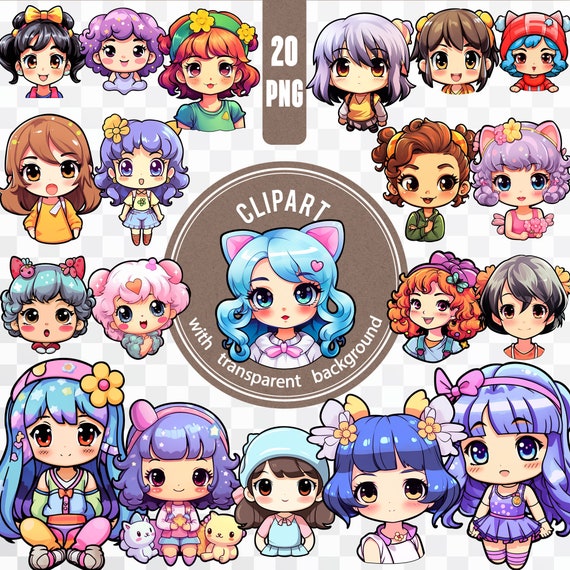 20 Anime Girl PNG / Kawaii Digital Instant Download / Japanese Cartoon Scrapbooking Bundle / Cute Sticker Manga Character Printable Clipart