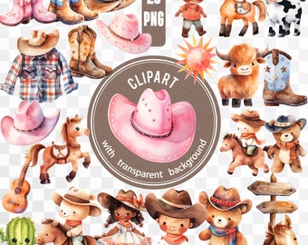25 PNG Western Clipart / Cowboy Cowgirl Digital Bundle / Teddy Bear Sticker Pack / Cute Wild West Scrapbooking / Children Party Card Making