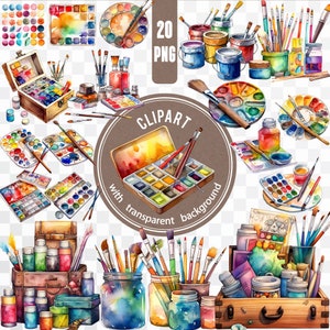 Watercolor art supplies clipart, paint brush, paint, canvas graphics back  to school craft png commercial use