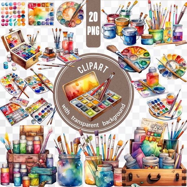 20 Painting PNG / Watercolor Art Digital / Paint Brush Bundle / Artist Sticker / Aquarelle Palette Printable Clipart / Painter Card Making