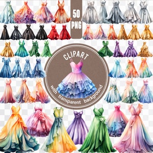 50 PNG Elegancka sukienka / Suknia wieczorowa w akwareli Cyfrowa / Pakiet dla kobiet modowych / Naklejka krawcowa / Glamour Girl Party Wydrukuj Clipart