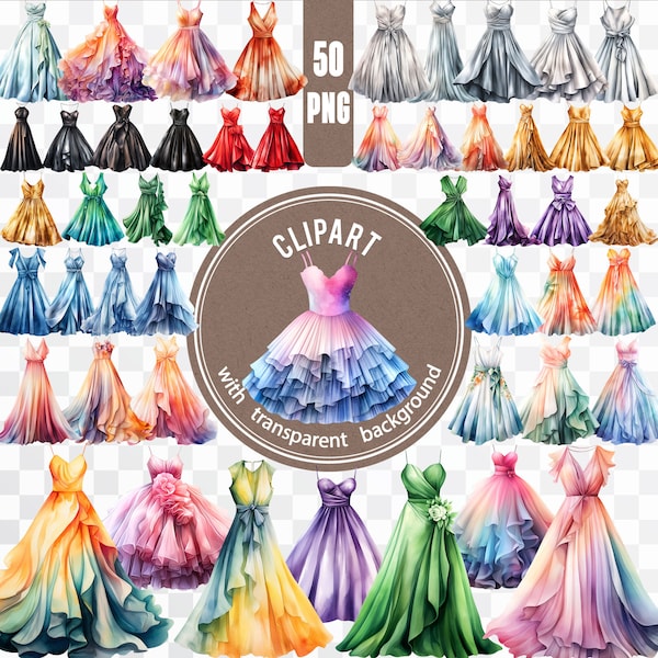 50 PNG Elegant Dress / Watercolor Evening Gown Digital / Fashion Lady Bundle / Seamstress Sticker / Glamour Girl Party Printable Clipart