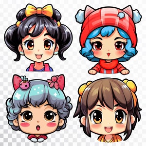 May include: Four cartoon illustrations of girls with different hairstyles and clothing. Each girl has large eyes, rosy cheeks, and a bright smile. The girls are wearing a variety of outfits, including a red hat with a white cloud, a blue and white striped shirt, a pink and white dress, and a brown shirt with a yellow bow.