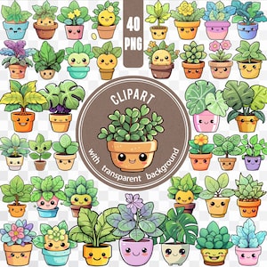 以下が含まれることがあります： 笑顔の顔をしたかわいい漫画の鉢植え植物が40点セットのクリップアートです。植物は多肉植物、シダ、花など、さまざまな色とスタイルがあります。画像は透明な背景なので、デジタルプロジェクトに最適です。