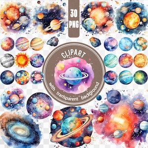 30 planetas de acuarela PNG / Arte del sistema solar digital / Paquete espacial Universo Pegatina / Cosmos Clipart imprimible / Creación de tarjetas de galaxia de fantasía