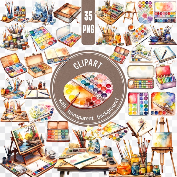 35 PNG Watercolor Painting / Palette Easel Clipart / Paint Brush Bundle / Artist Hobby Sticker / Aquarelle Art Printable Painter Card Making