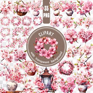 35 PNG Sakura Blume / Kirschblüten Baum Digital Bundle / Frühlings Blumenstrauß Sticker Pack / Japanische Blumen druckbare Clip Art Rosa Kartenherstellung