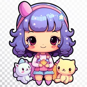 May include: A cartoon illustration of a girl with purple hair and a pink headband holding a yellow star. She is wearing a pink shirt and blue shorts. She is sitting with two cartoon animals, a white cat and a yellow cat.