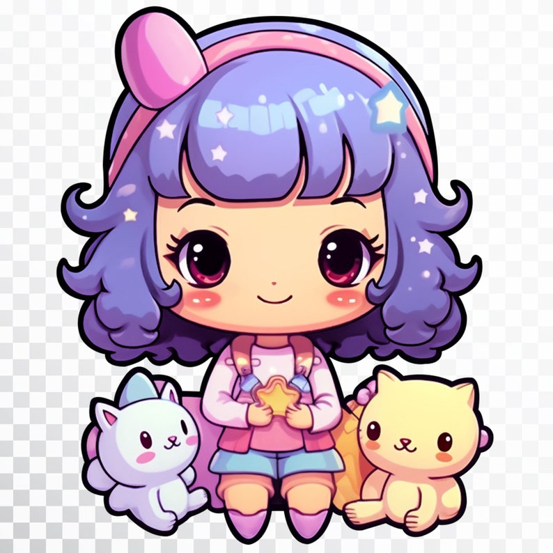 May include: A cartoon illustration of a girl with purple hair and a pink headband holding a yellow star. She is wearing a pink shirt and blue shorts. She is sitting with two cartoon animals, a white cat and a yellow cat.