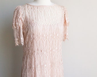vintage blush crochet lace dress, 1980s 80s crochet lace slip dress, great gatsby dress, 80s crocheted dress, med/large
