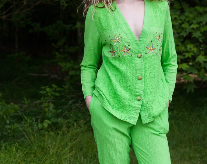 80s lime green two piece pant set, Small/Medium