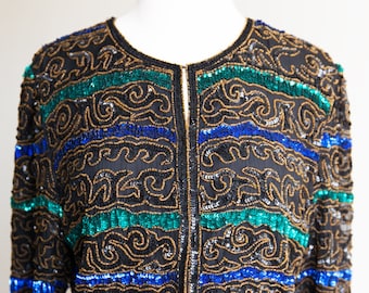 vintage sequin and beaded jacket, 1980s 80s sequin and beaded silk jacket, vintage beaded indian top,