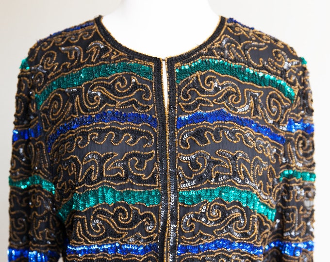 vintage sequin and beaded jacket, 1980s 80s sequin and beaded silk jacket, vintage beaded indian top,