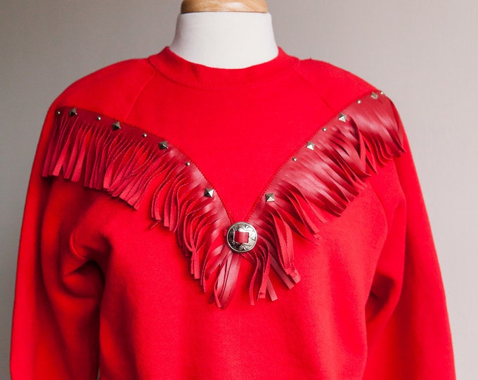 80s giddy up red sweatshirt, vintage sweatshirt, 80s western wear, red fringe boho hippy sweatshirt, vintage 1980s 80s