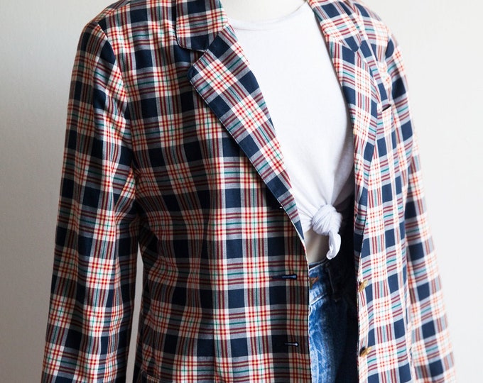 80s vintage spring fling plaid blazer, 80s plaid blazer, vintage cotton blazer, 80s plaid jacket, vintage boho blazer, vintage Liz Claiborne