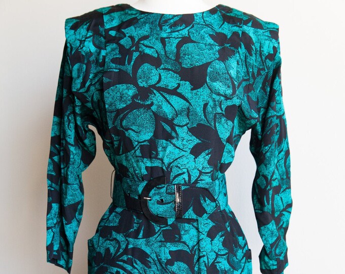 80s vintage teal paradise dress, 80s teal and black floral dress, vintage floral dress, vintage midi dress, 80s date night dress