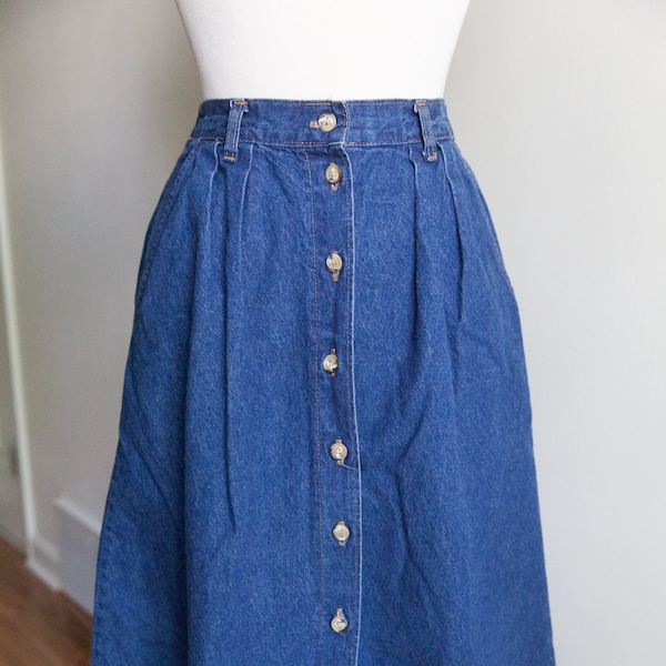 vintage denim midi skirt, 1980s 80s denim midi skirt, high waisted denim skirt, vintage western wear, XS/Small