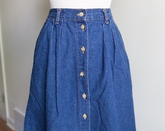 vintage denim midi skirt, 1980s 80s denim midi skirt, high waisted denim skirt, vintage western wear, XS/Small