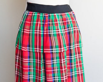 vintage plaid taffeta skirt, 1970s 70s plaid tiered taffeta skirt, vintage Christmas skirt, 70s festive skirt, XS