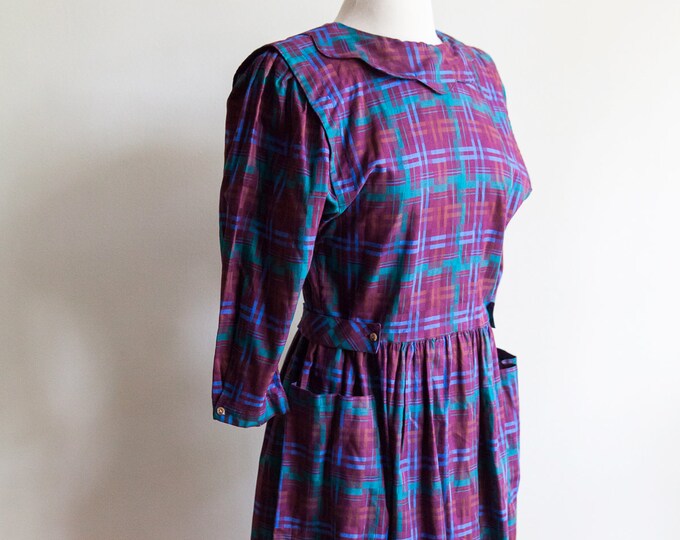 vintage plaid about you midi dress, 198-s 80s plaid prairie midi dress, vintage western plaid dress, Medium