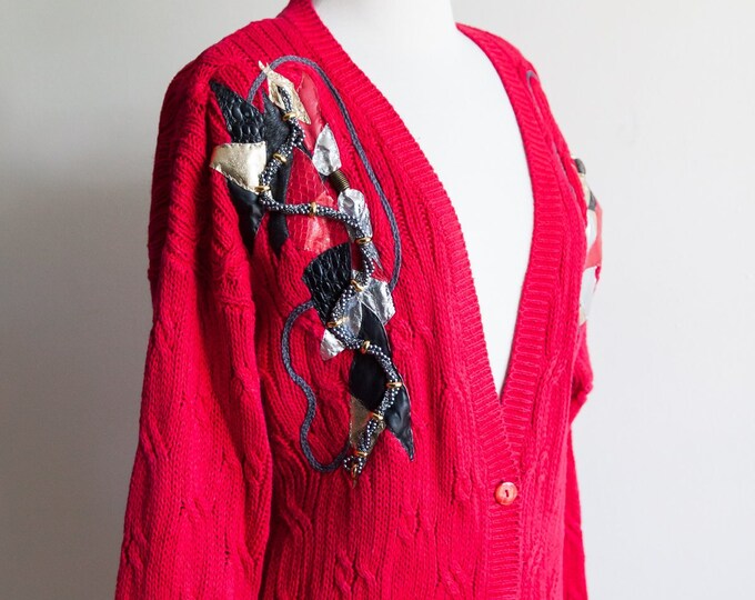 vintage cable knit and leather cardigan