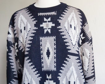 Small Vintage 80's 90's Women's Sweater Aztec design Southwest pattern geometric shapes Made in USA knit sweater hippie boho