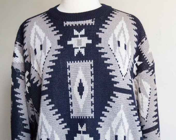 vintage black gray abstract sweater, 1980s 80s southwest vibes abstract sweater, vintage boho hippie sweater, Large/XL