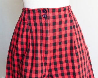 vintage buffalo plaid shorts, 1990s 90s red black high waisted buffalo plaid shorts, vintage plaid shorts, Medium/ Large