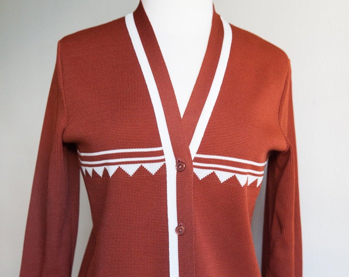 vintage sienna and cream ribbed cardigan, 1970s 70s sienna brown cream abstract ribbed cardigan, vintage abstract sweater, Small
