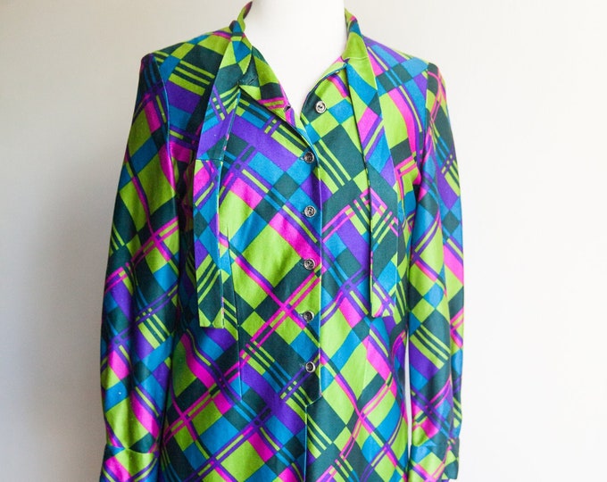 1960s colorful plaid necktie dress,  Medium