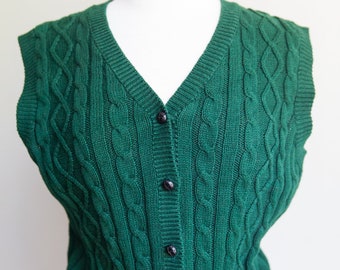 vintage green cable knit vest, 1990s 90s hunter green cable knit sweater vest, 90s preppy sweater vest, Small