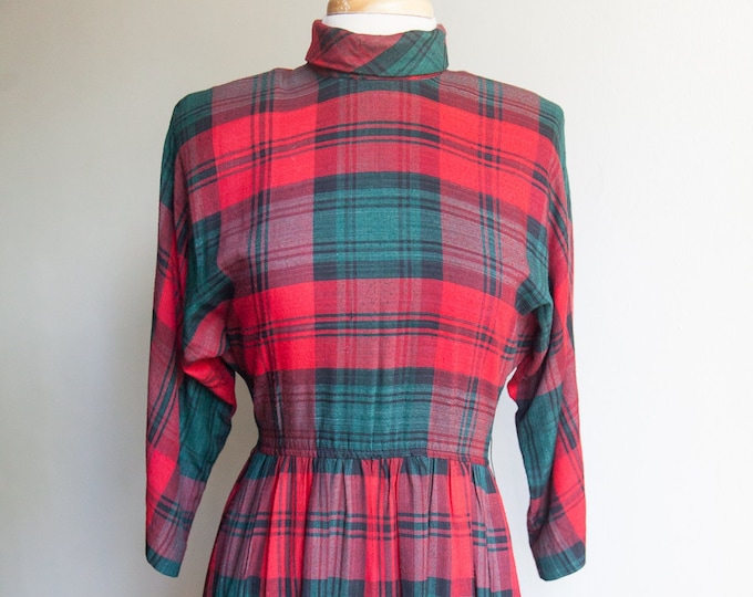 80s red green plaid high neck dress, 80s plaid dress, Sm/med
