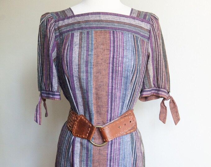 70s earth tone striped midi dress, 70s puff sleeve dress, Large
