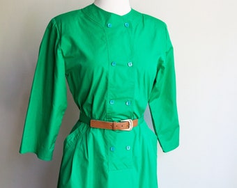 vintage green with envy shirt dress, 1980s 80s green double breasted shirt dress, 80s midi dress, Small