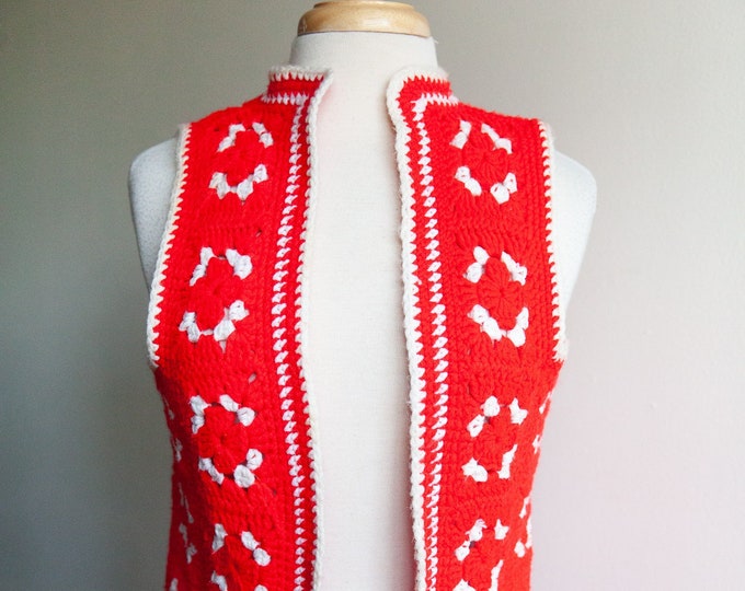 60s red white crocheted vest, 60s sweater vest, medium