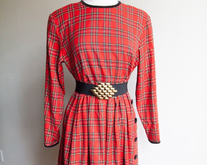 80s tartan plaid velvet buttons dress, 80s Christmas plaid dress, med/L