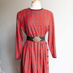 vintage plaid dress, 1980s 80s tartan plaid velvet buttons dress, 80s Christmas plaid dress, med/L