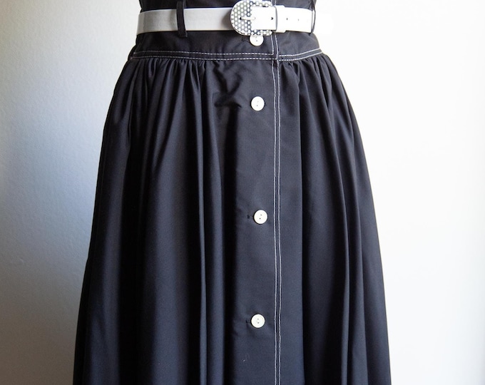 80s black high waist midi skirt, 80s black skirt, small