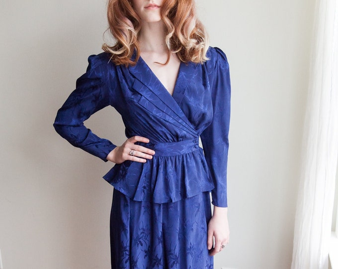 1990s navy blue peplum wrap dress, XS/Small