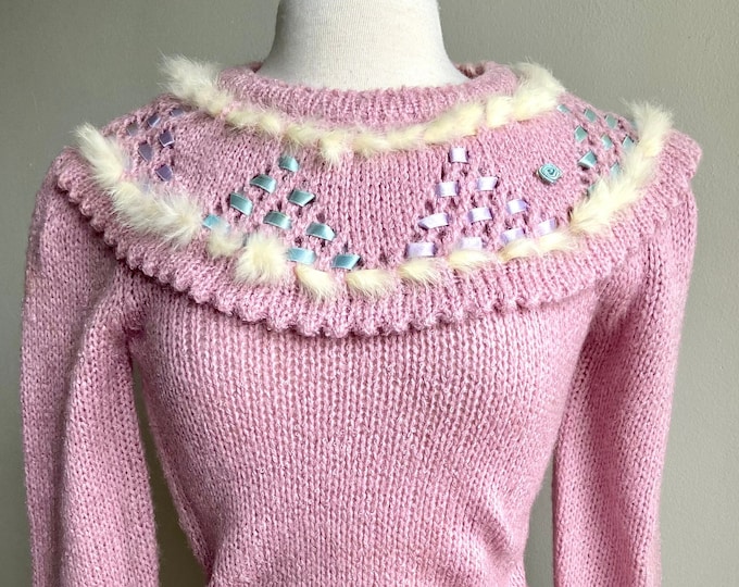 1980s blush pink ribbons sweater, small